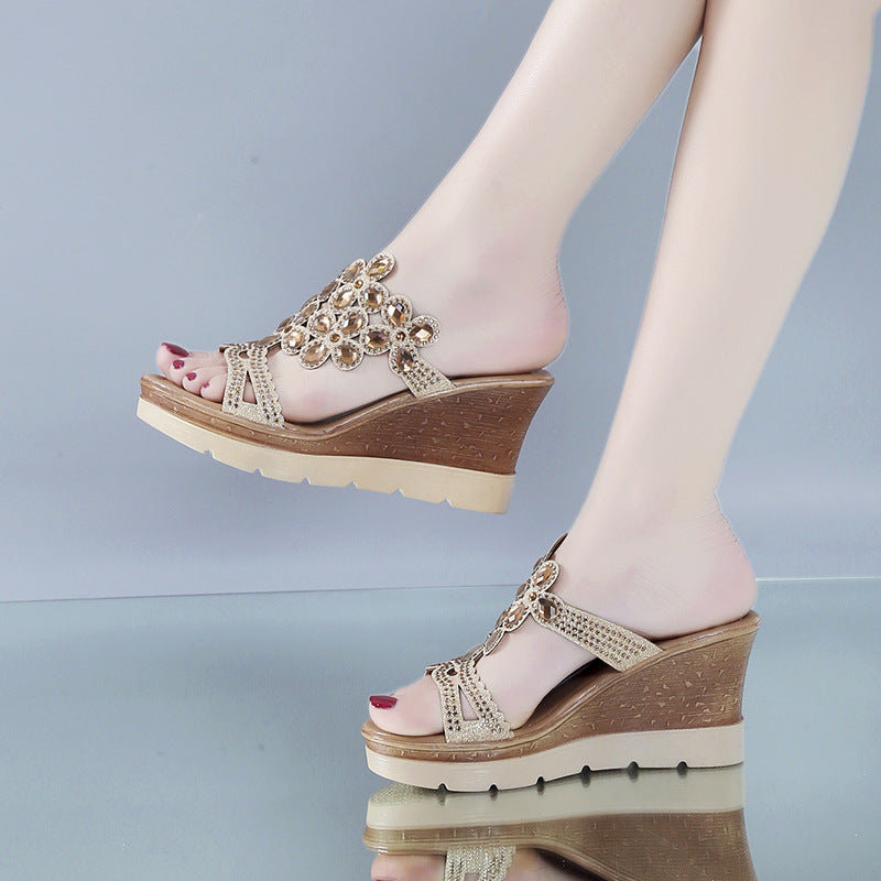 Women rhinestone platform sandals with heels, stylish slip-on slippers featuring sparkling embellishments and chunky heels.