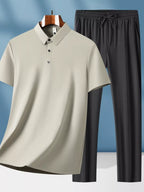 Men's plus size button detail short sleeve top and matching pants set by Shopimist, featuring comfortable fabric and stylish design.