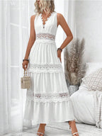 Sleeveless Swiss dot lace maxi dress with ruched tie detail, flowing silhouette and delicate fabric from Trendsi.
