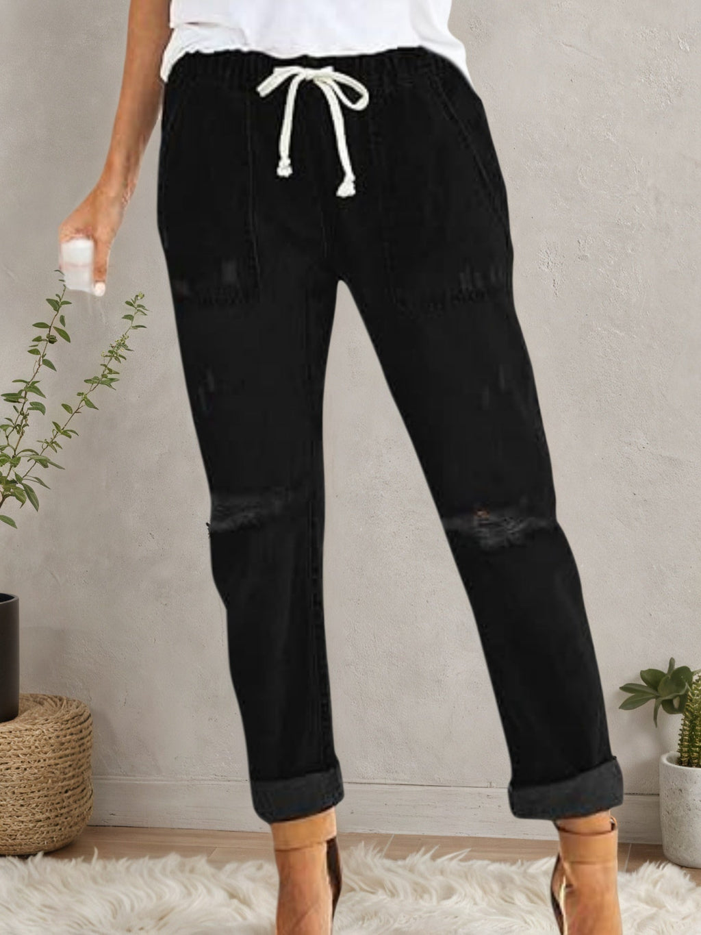 Women’s distressed stretch jeans by Plush Fashion Hub featuring casual elastic waist denim joggers with a relaxed fit.