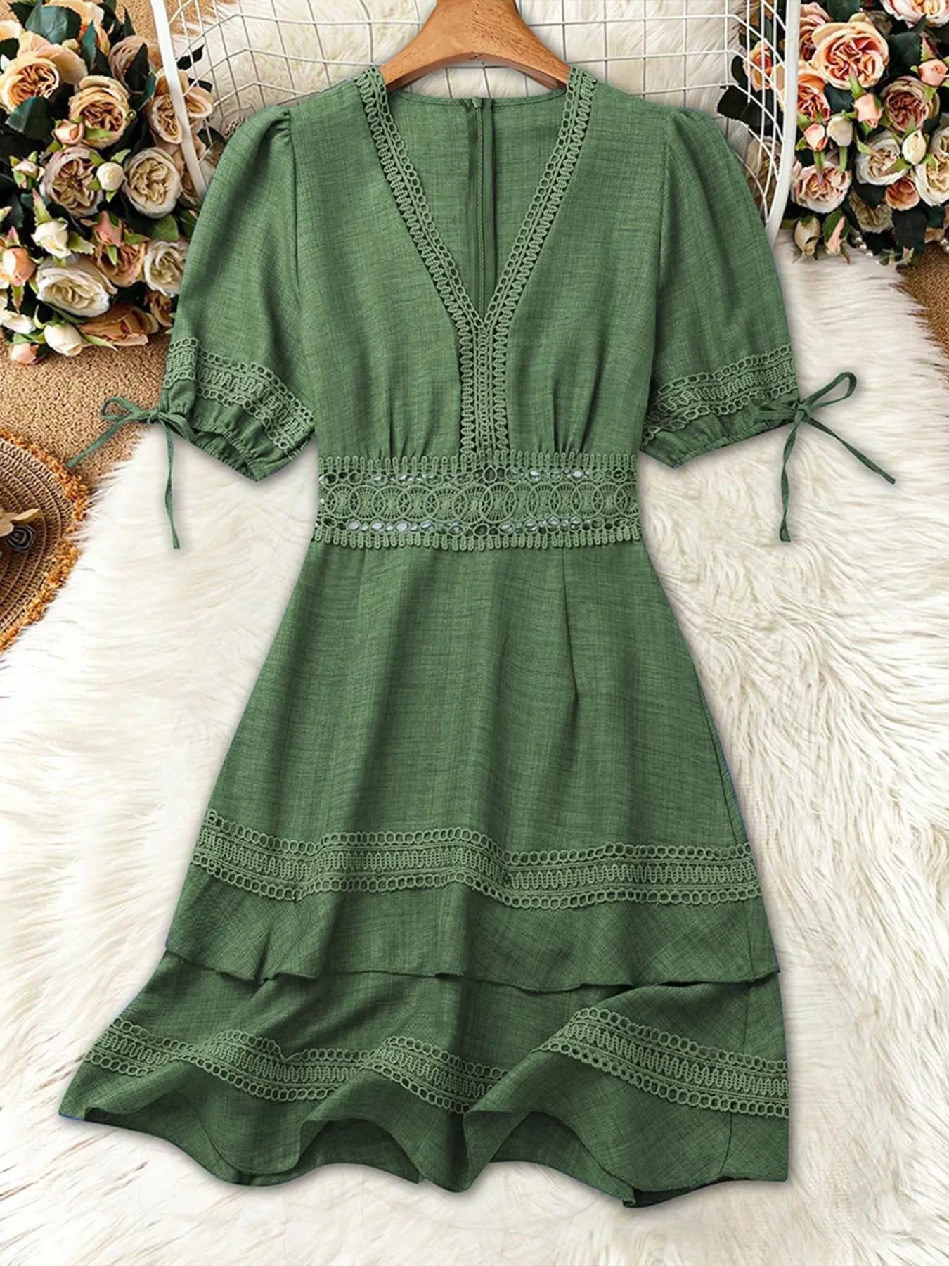 Lace detail v-neck mini dress by Plush Fashion Hub, featuring elegant lace accents and a flattering V-neck design.