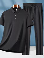 Men's plus size short sleeve top and pants set with button details, stylish casual wear from Shopimist.