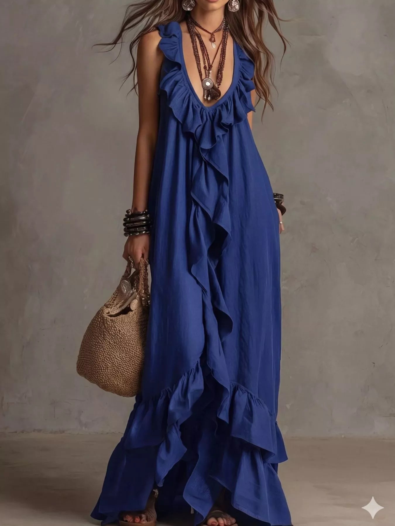 Ruffled sleeveless maxi dress by Shopimist featuring flowing fabric and elegant ruffle details, perfect for summer occasions.