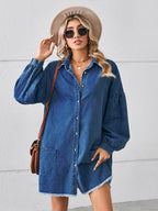 VYSN button-up denim dress with chest pockets and raw hem, casual fashion clothing, front view showing details and fit