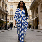 African-inspired striped loose long dress from Plush Fashion Hub in one size with five color options, featuring vibrant patterns and flowing fabric.
