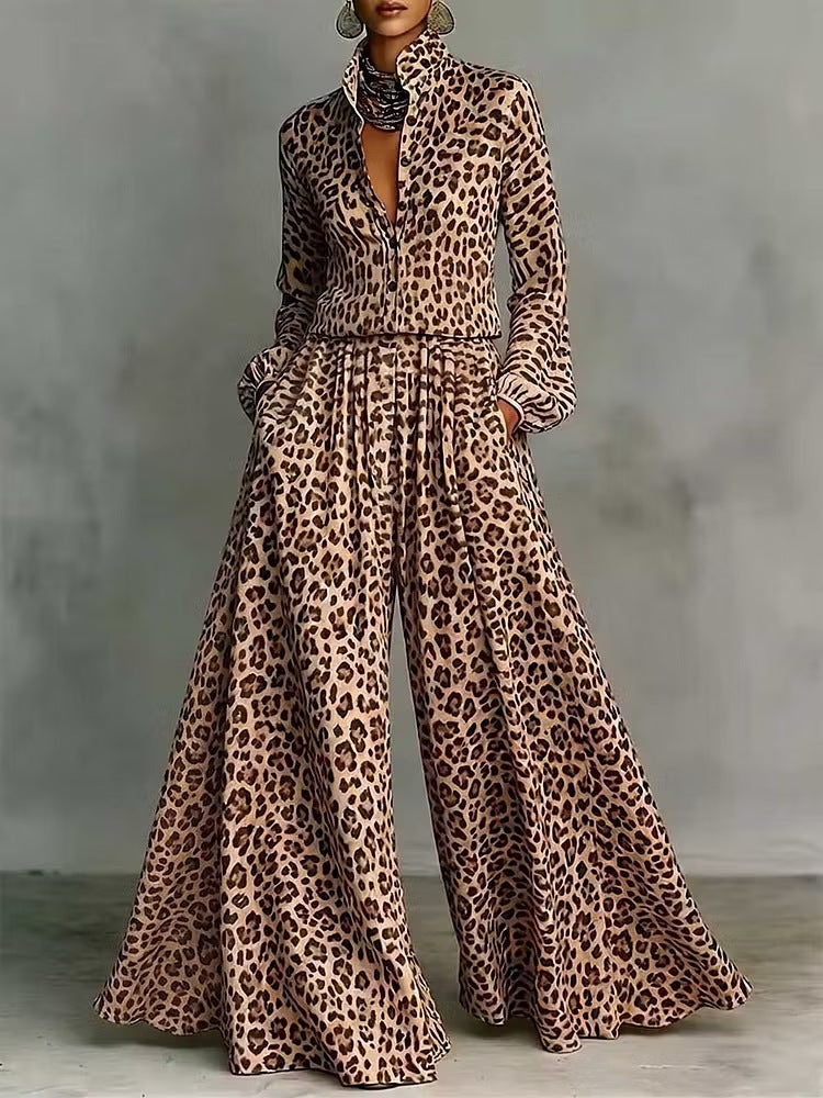 Leopard print wide-leg pants set for women, casual two-piece outfit from Plush Fashion Hub, featuring a relaxed fit and stylish design.