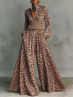 Leopard print wide-leg pants set for women, casual two-piece outfit from Plush Fashion Hub, featuring a relaxed fit and stylish design.