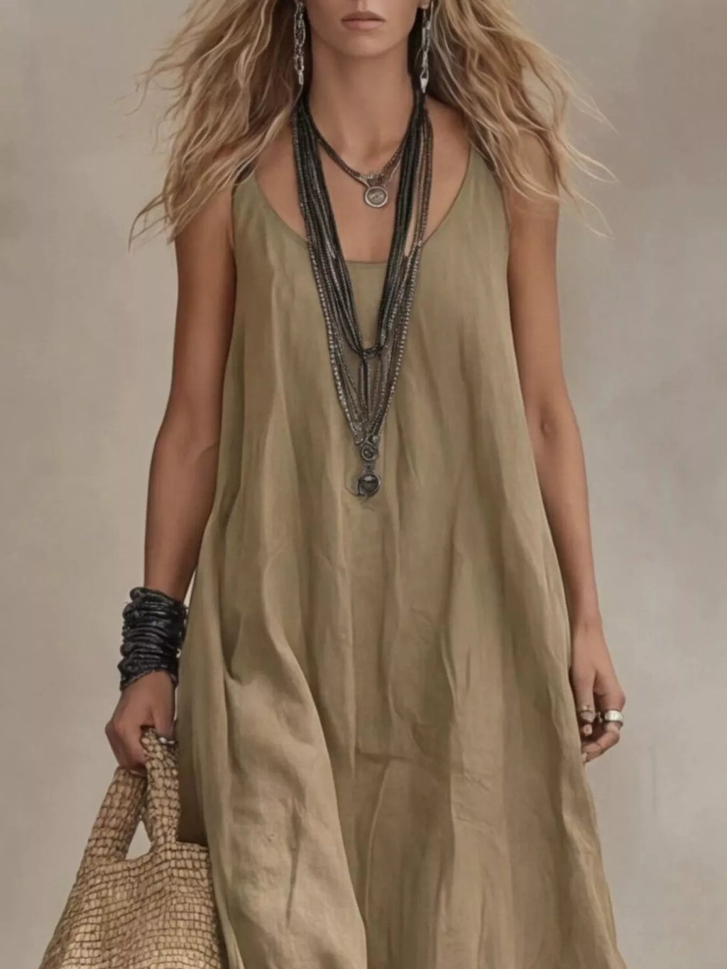 Plus size full-length maxi dress with scoop neck and sleeveless design by Shopimist, shown in a full view.