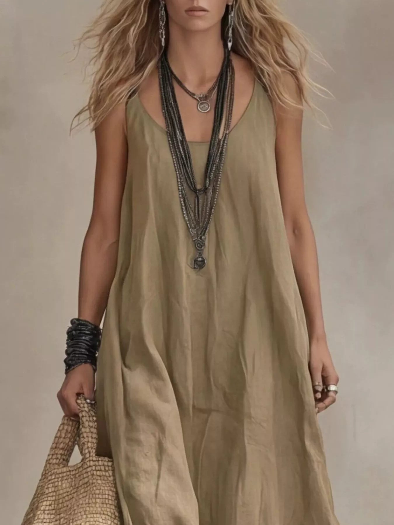 Plus size full-length maxi dress with scoop neck and sleeveless design by Shopimist, shown in a full view.
