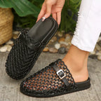 Shopimist round toe buckle sandals featuring a stylish strap design and metal buckle for a casual, comfortable summer look.