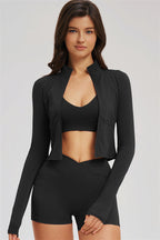 Fitglutes Activewear sports bra, zip jacket, and shorts 3-piece set for workout and gym activity.