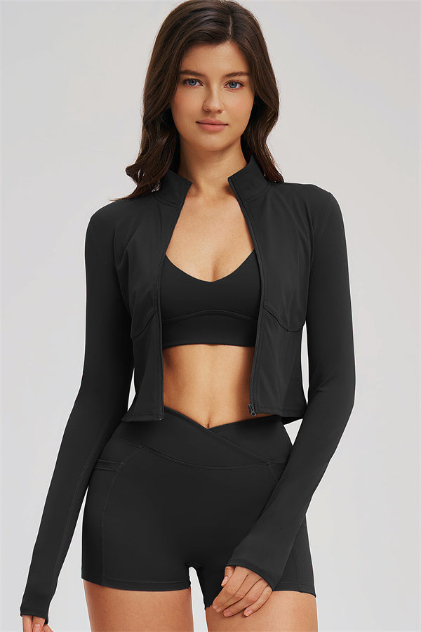 Fitglutes Activewear sports bra, zip jacket, and shorts 3-piece set for workout and gym activity.