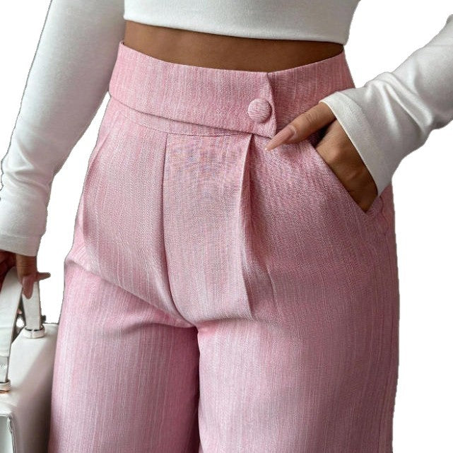 Women's high-waist straight-leg pants by FitiqueFit in solid color with button detail, full-length view showing classic tailored design.