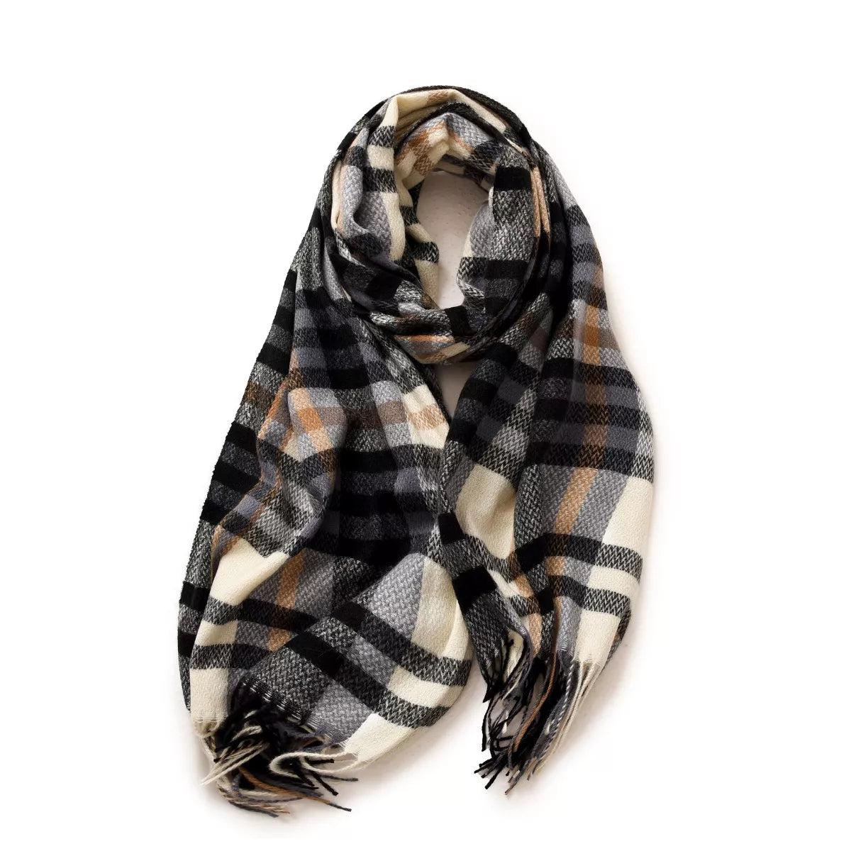 Warm plaid fringe scarf by Simply Love featuring a cozy, multicolored checkered pattern and fringed edges.