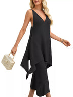 Asymmetrical hem top and matching pants set by Shopimist, stylish and modern outfit with a unique hem design, perfect for casual wear.