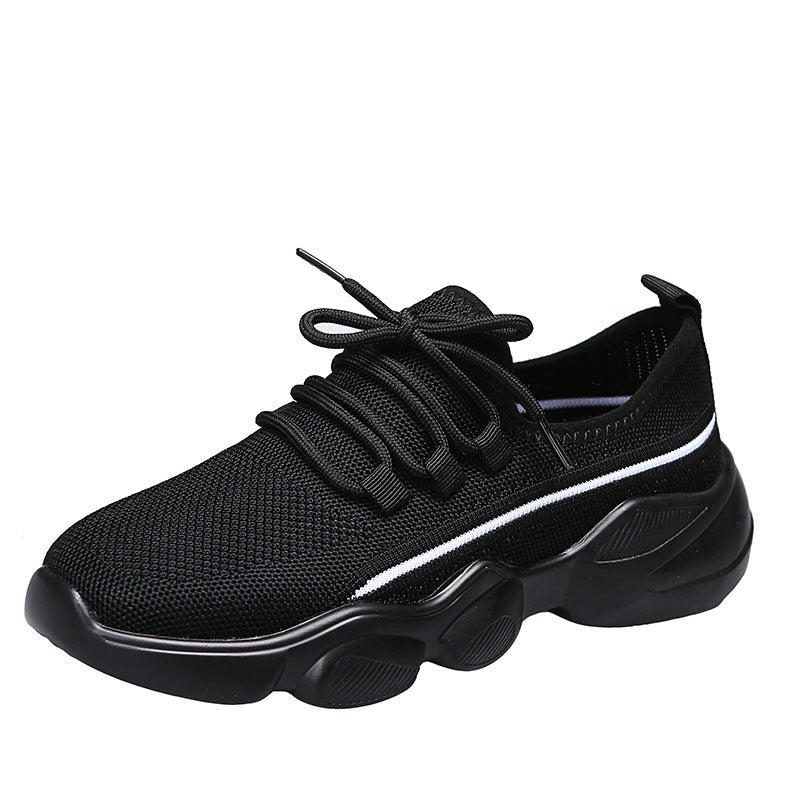 Plush Fashion Hub Flying woven mesh sneakers, breathable running dad shoes in black with white soles, lightweight athletic footwear