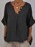 Women's cotton linen V-neck button-up shirt from FitiqueFit, casualwear in light fabric with front buttons and V-neck collar.