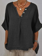Women's cotton linen V-neck button-up shirt from FitiqueFit, casualwear in light fabric with front buttons and V-neck collar.