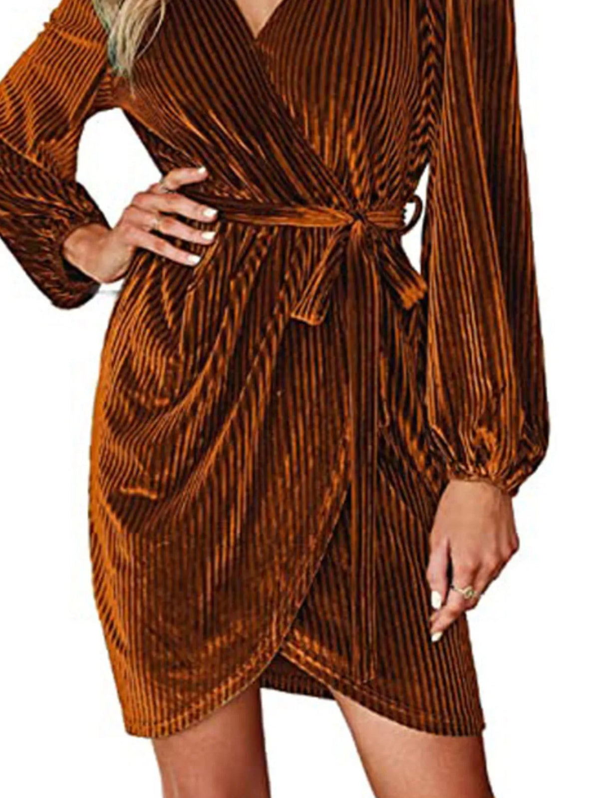 Simply Love surplice long sleeve tie waist dress, featuring a flattering V-neck, elegant long sleeves, and a tied waist detail.