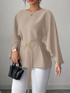 Batwing sleeve belted blouse from Shopimist featuring a loose fit and stylish design, shown in a neutral color.