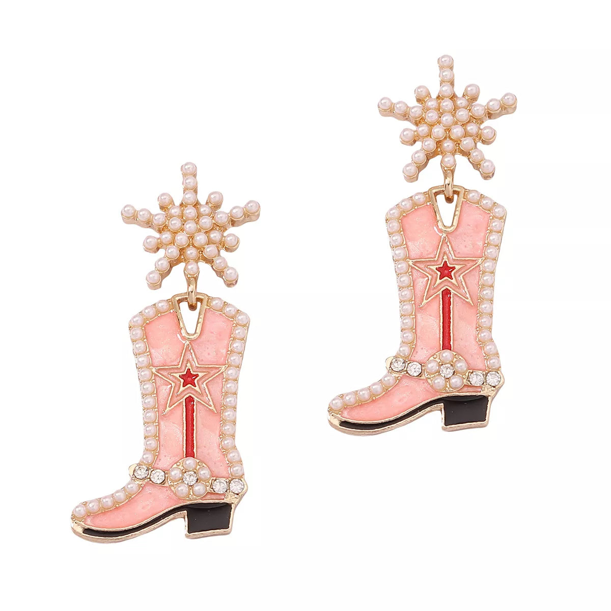 Cowgirl boot dangle earrings from Plush Fashion Hub featuring Western-style silver and turquoise accents.