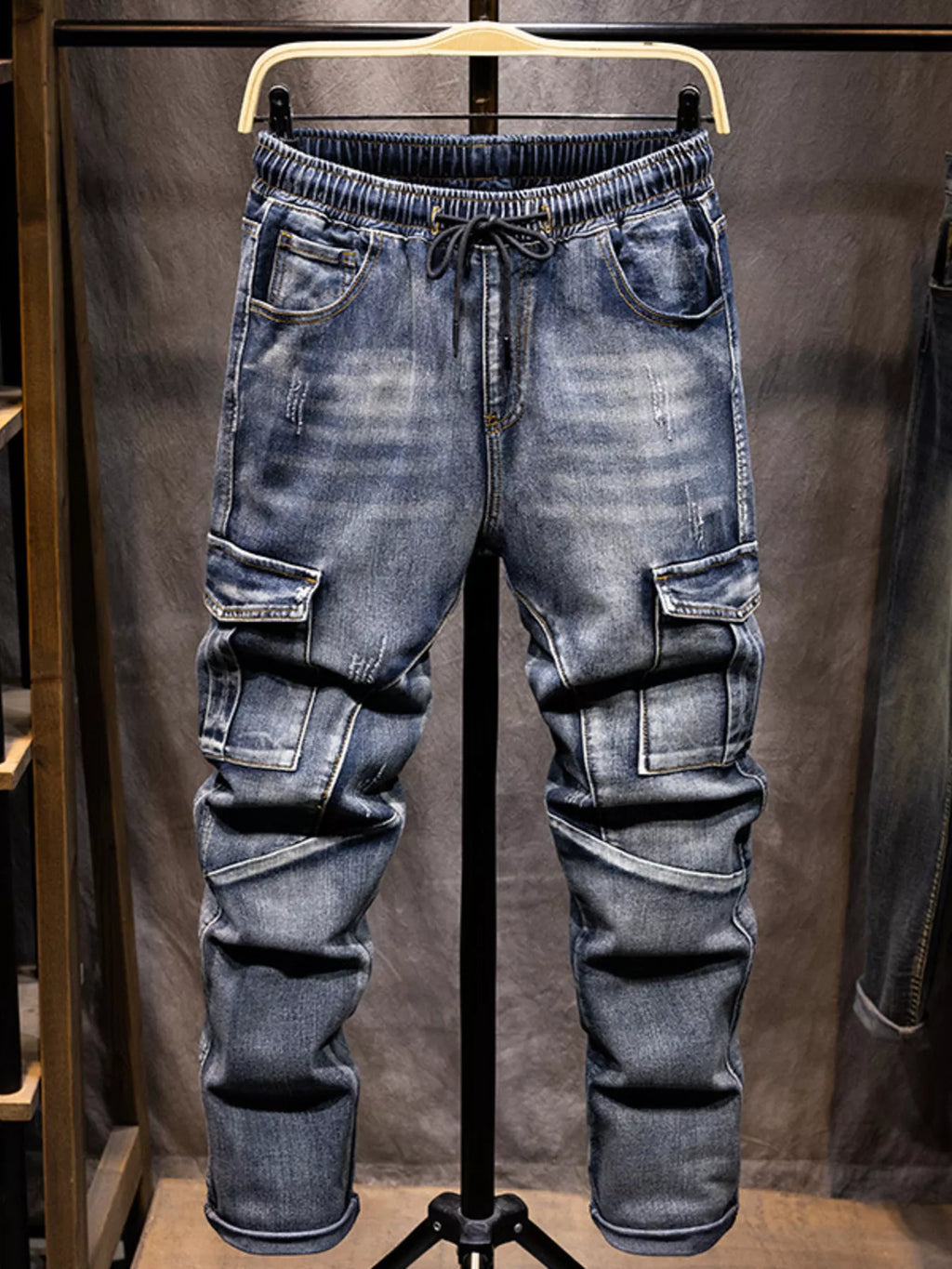 Men's relaxed fit drawstring jeans in plus size, black denim with pockets and adjustable waistband by Shopimist.