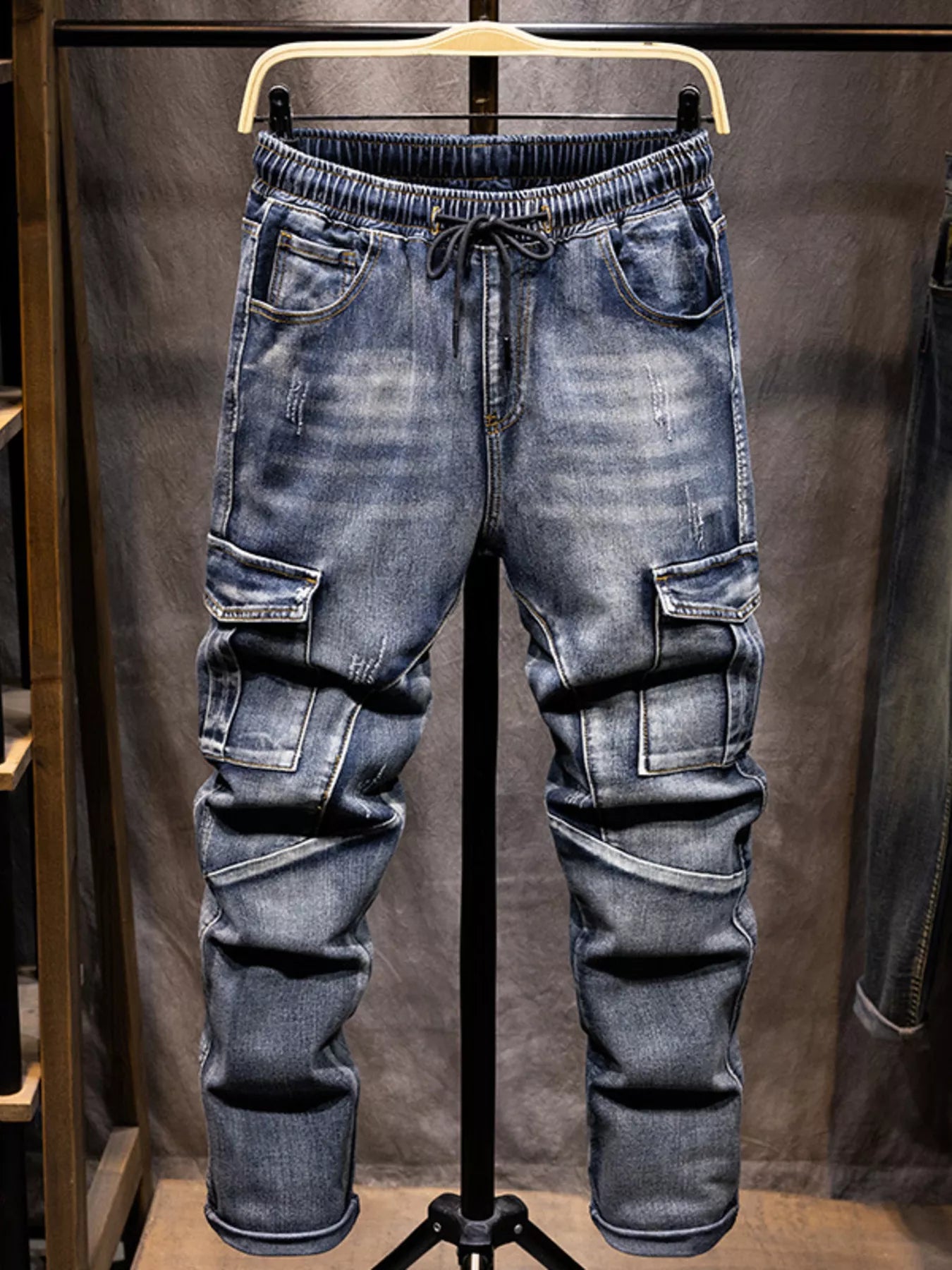 Men's relaxed fit drawstring jeans in plus size, black denim with pockets and adjustable waistband by Shopimist.