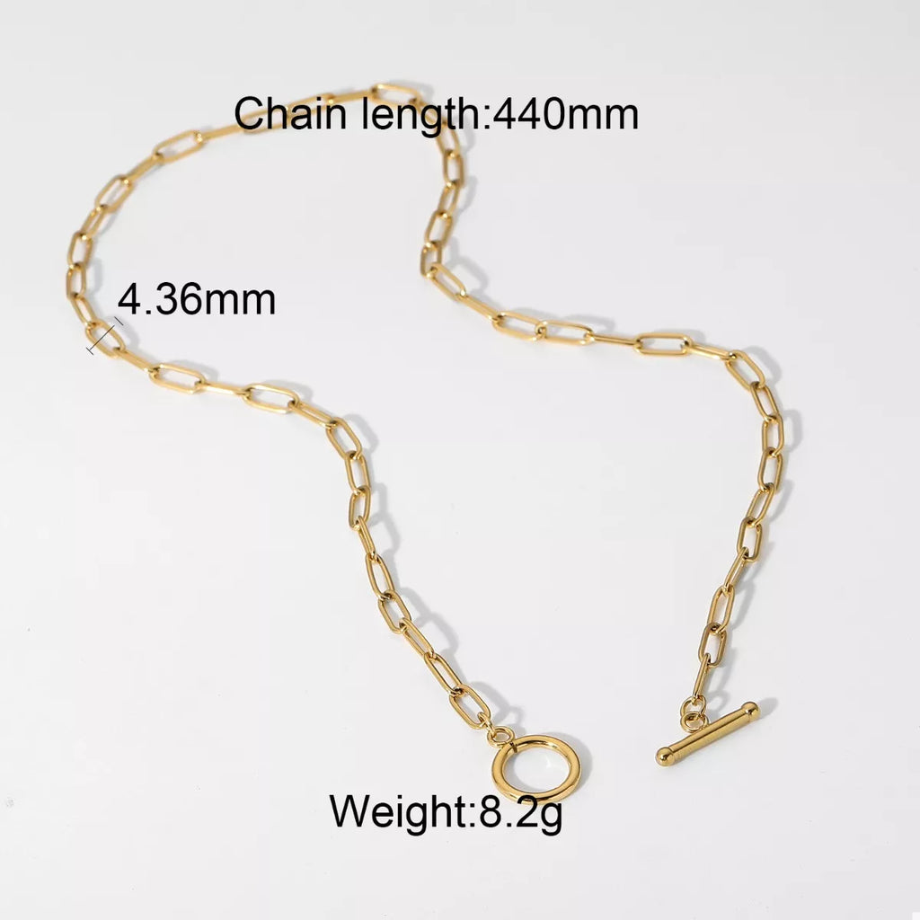 18K gold-plated chain link toggle clasp necklace with a stylish design, featuring a polished, reflective surface and secure clasp.
