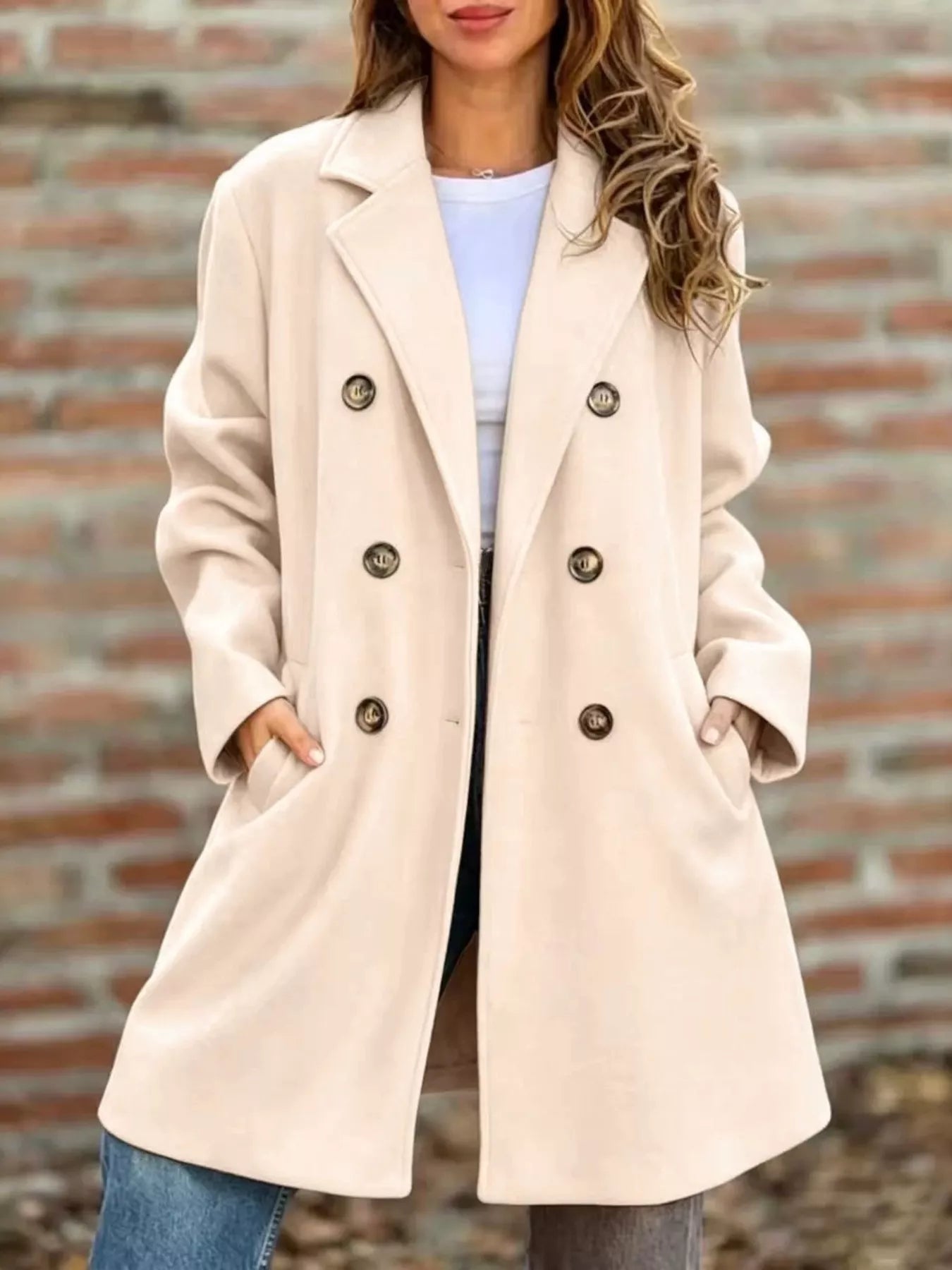 Plus size double-breasted lapel collar coat in casualwear style, featuring a full-size fit and stylish design.
