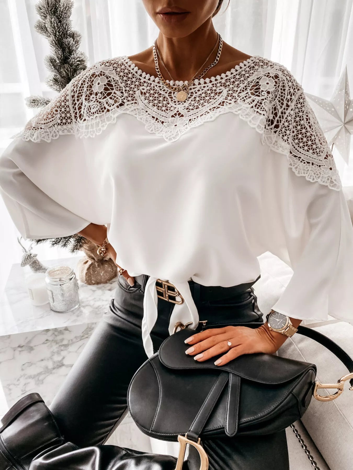 Plush Fashion Hub lace trim long sleeve blouse featuring delicate lace accents and a classic fit, shown on a mannequin.