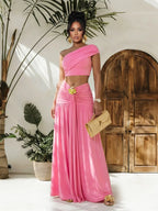 Plush Fashion Hub one-shoulder top and ruched maxi skirt set, featuring a stylish single-shoulder top with a flowing ruched skirt.