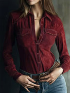 Deerskin velvet long sleeve patchwork blouse by Plush Fashion Hub featuring retro style and intricate fabric details.