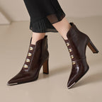 Women's satin pointed toe chunky heel short boots by Plush Fashion Hub, featuring an ultra high heel and sleek design.