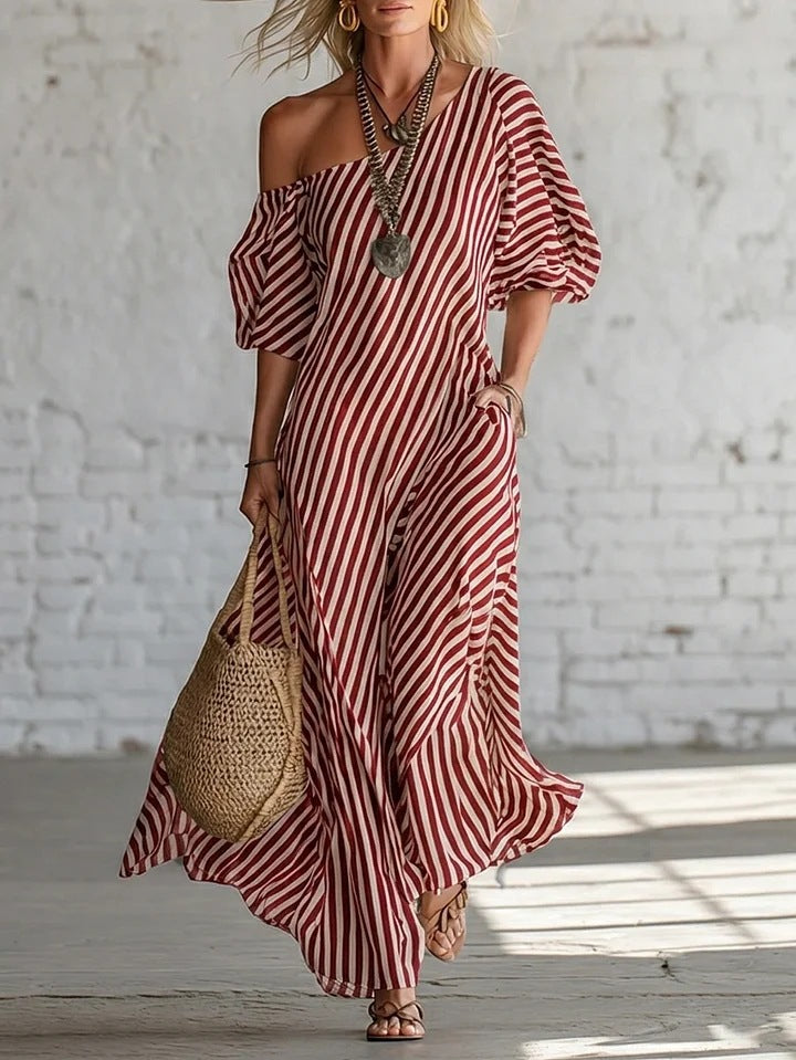 Women's striped off-shoulder dress by Plush Fashion Hub featuring a stylish, casual design with bold horizontal stripes.