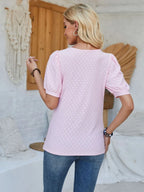 Plush Fashion Hub eyelet asymmetrical neck short sleeve T-shirt, casual tops with stylish design and unique neckline detail.