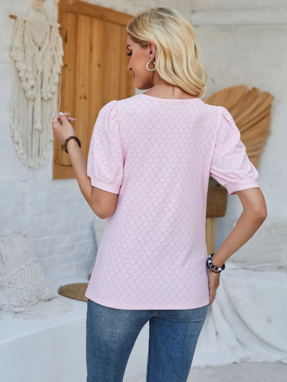 Plush Fashion Hub eyelet asymmetrical neck short sleeve T-shirt, casual tops with stylish design and unique neckline detail.