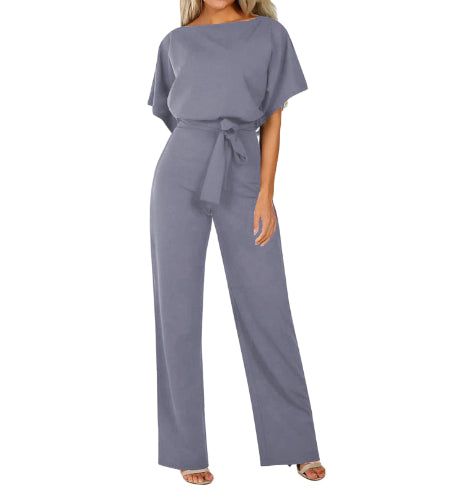 Plush Fashion Hub women's short-sleeve bodysuit jumpsuit with straight-leg design and strap details.