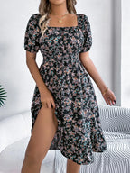Floral puff sleeve dress with ruffled hem from Shopimist, featuring a feminine design and lightweight fabric.