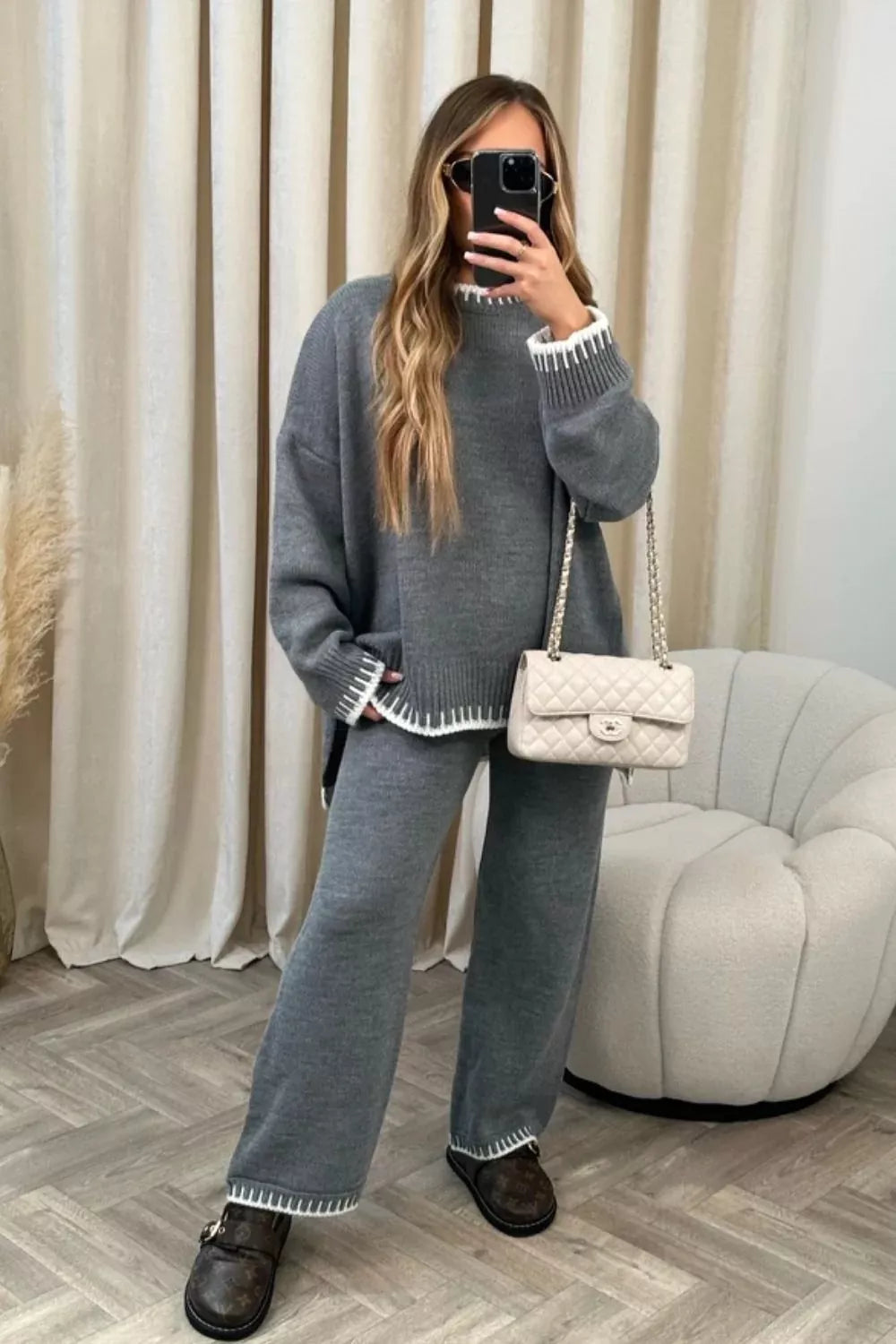 Simply Love contrast trim round neck sweater set with matching pants, featuring stylish design and comfortable fit.