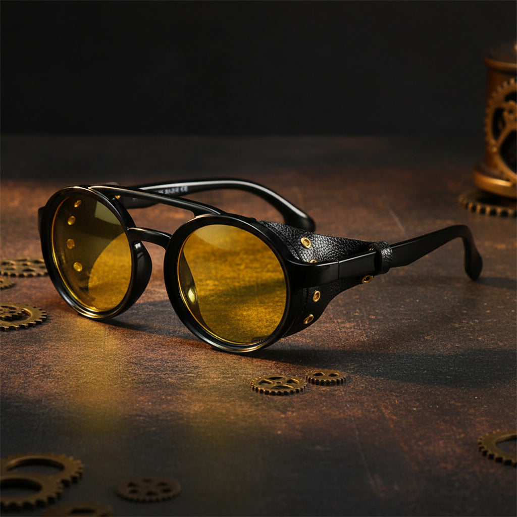Retro round leather frame sunglasses with vintage style, featuring brown leather arms and dark tinted lenses.