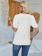Plush Fashion Hub eyelet asymmetrical neck short sleeve t-shirt, stylish tops with unique neckline detail and comfortable fit.