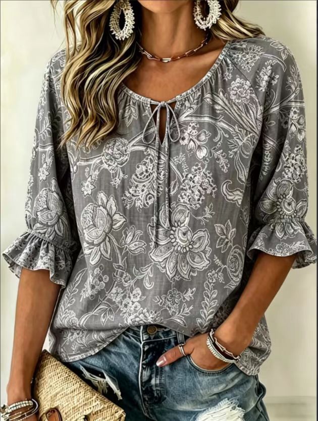 Women's floral print casual shirt with three-quarter sleeves from FitiqueFit, featuring a relaxed retro style.