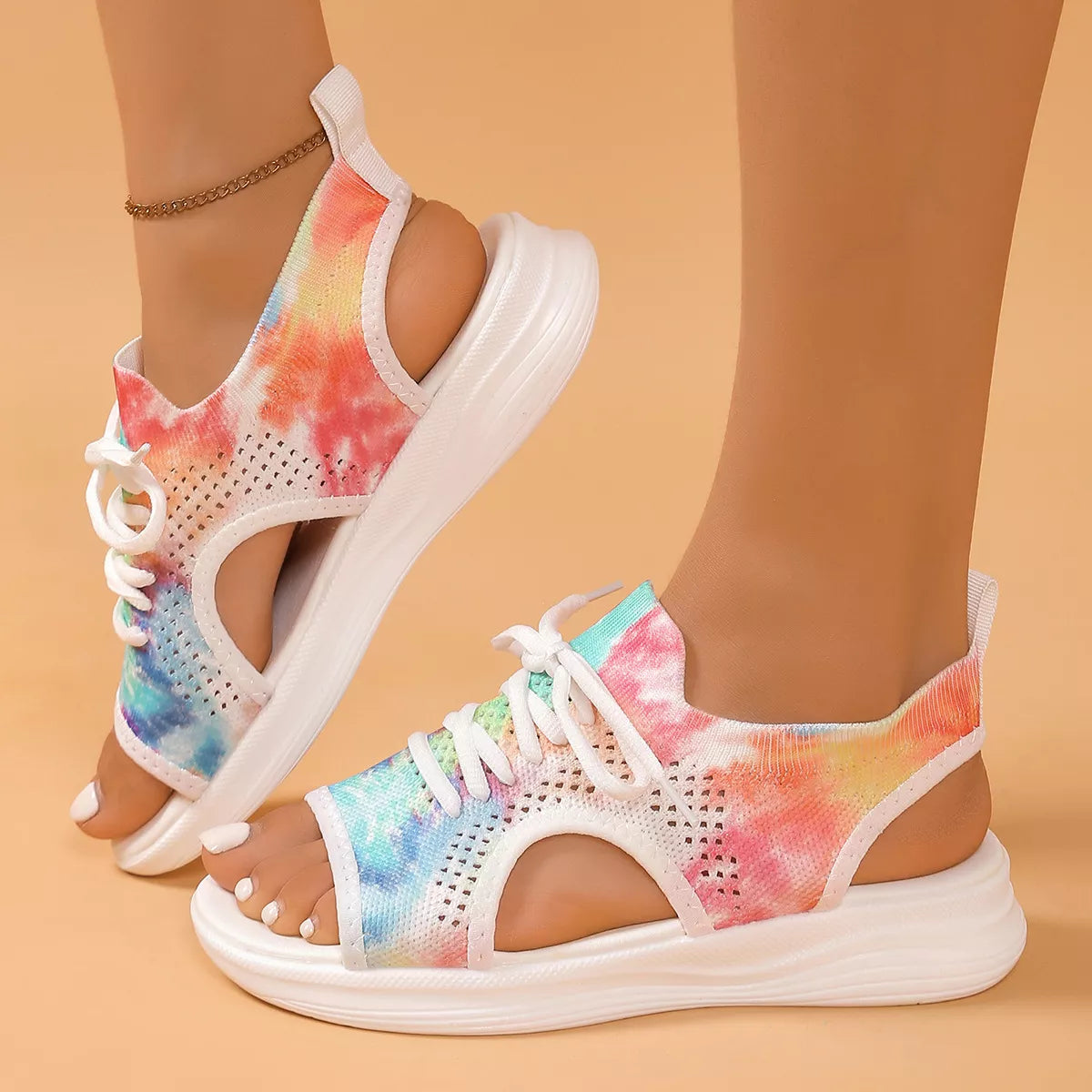 Colorful tie-dye breathable mesh sandals by Plush Fashion Hub with open-toe design and cushioned sole for comfort.