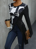 Trendsi Perfee geometric round neck long sleeve T-shirt featuring a modern design and comfortable fit, shown in a close-up view.