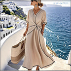 FitiqueFit striped print maxi dress with short sleeves, perfect for beach vacation, flowing fabric and casual summer style.