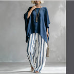 Women's striped batwing-sleeve linen two-piece set, casualwear by Plush Fashion Hub featuring relaxed fit and loose, comfortable style.