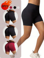 Three pairs of FitiqueFit women's seamless workout shorts in black, gray, and navy, displayed flat for activewear styling.