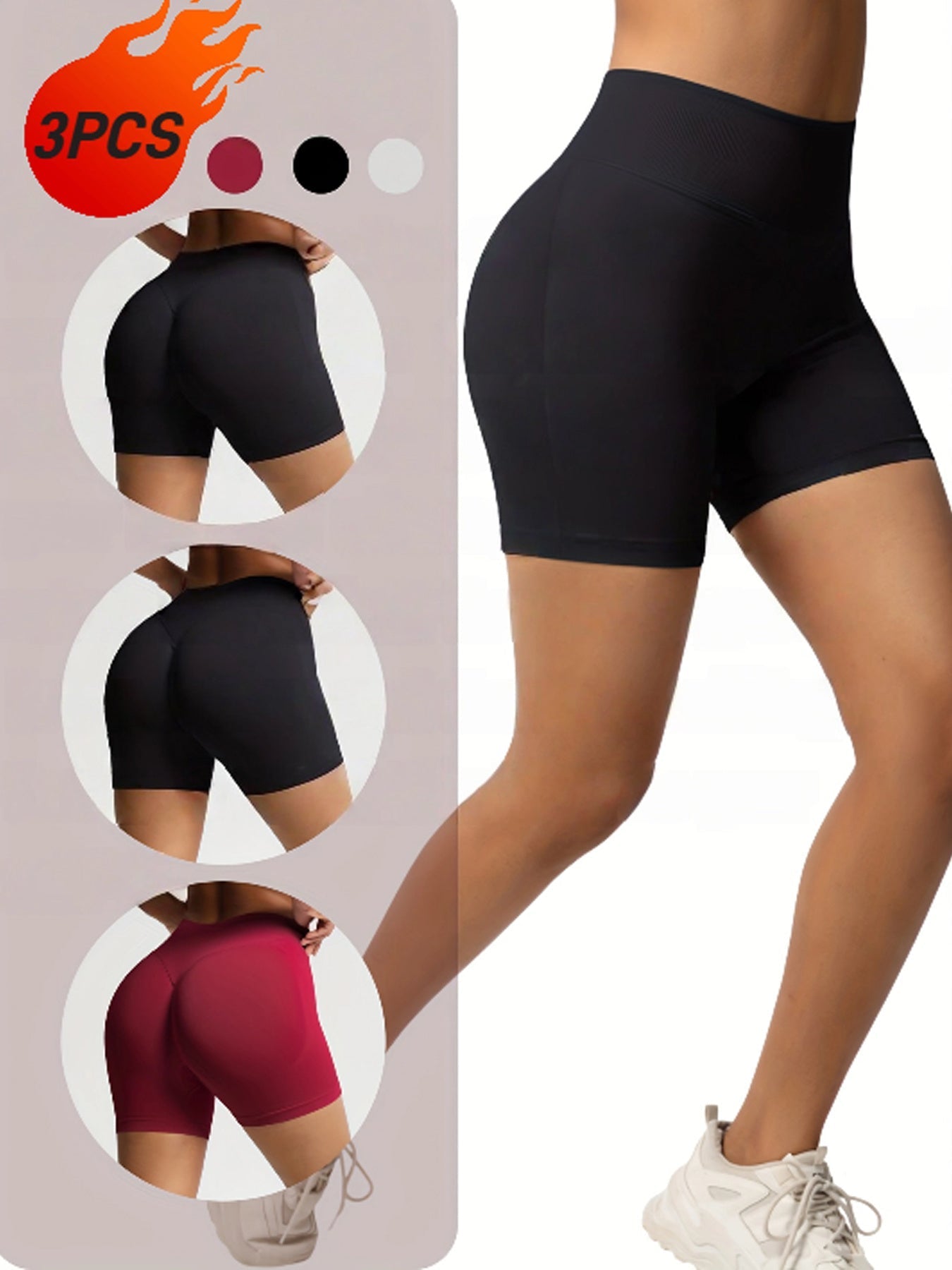 Three pairs of FitiqueFit women's seamless workout shorts in black, gray, and navy, displayed flat for activewear styling.