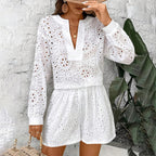 Women's elegant V-neck lace long sleeve blouse and matching shorts set, casualwear by FitiqueFit, in solid color.