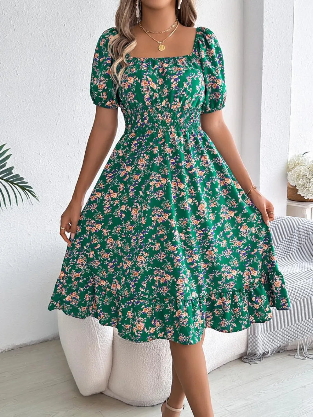 Floral puff sleeve dress with ruffled hem by Shopimist, featuring a feminine design and lightweight fabric.